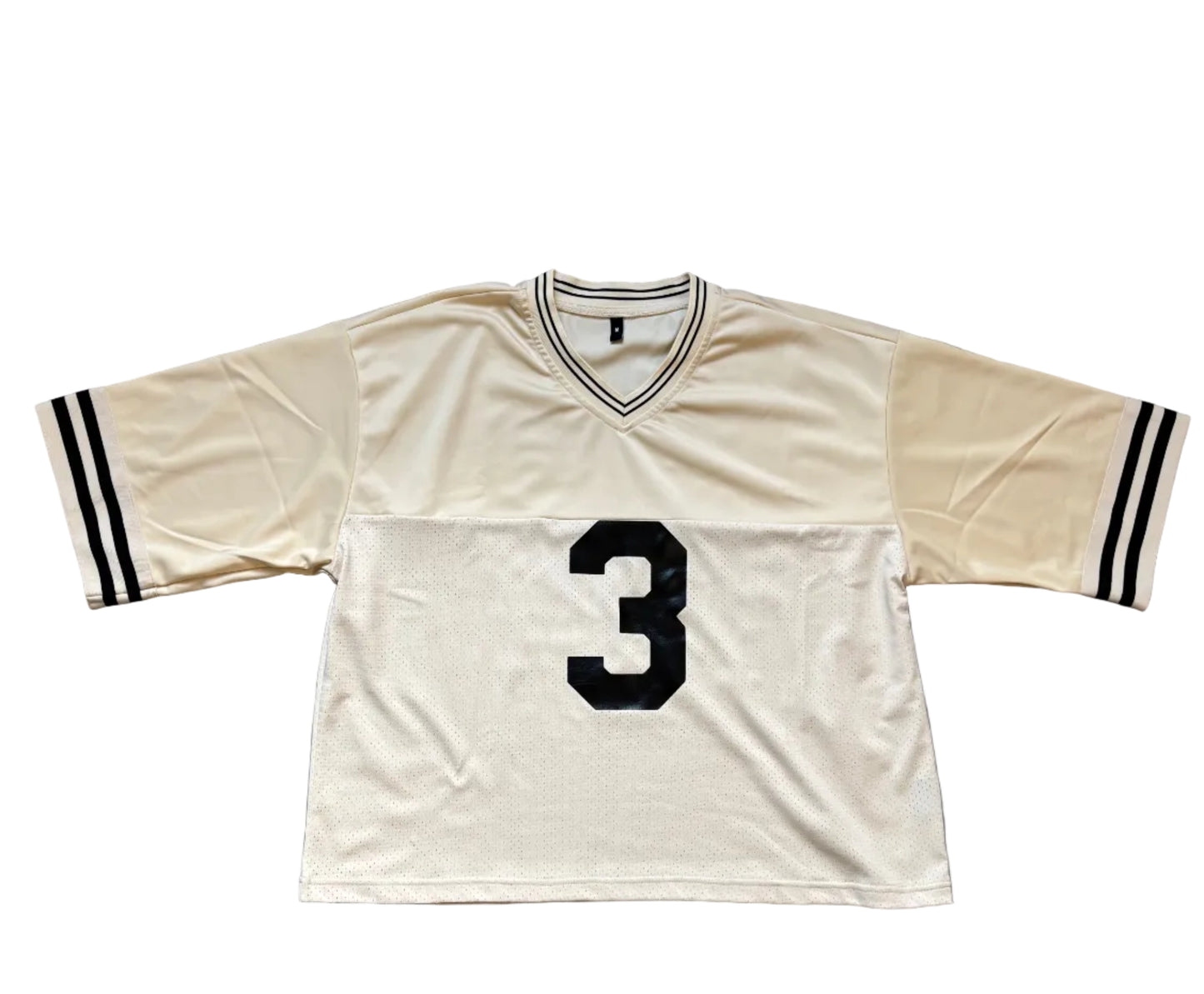 Cream sports jersey with number 3 on front in black