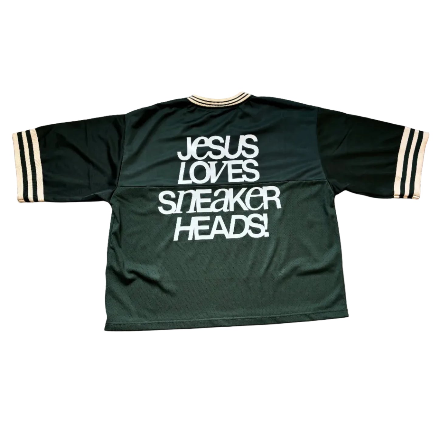 Green sports jersey with 'Jesus Loves Sneaker Heads!" on the full back of the jersey