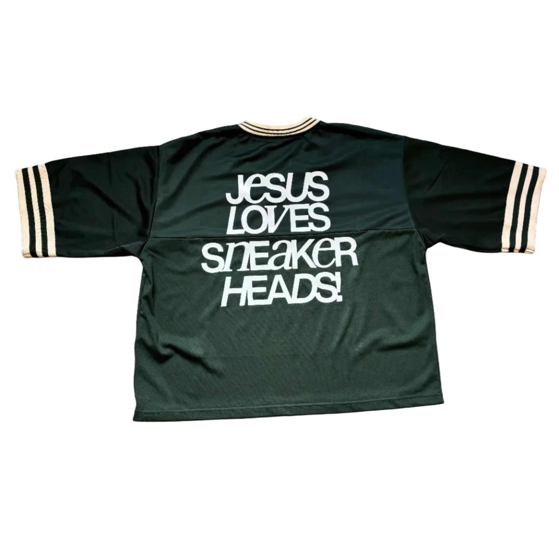 Green sports jersey with 'Jesus Loves Sneaker Heads!" on the full back of the jersey