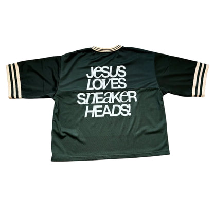 Green sports jersey with 'Jesus Loves Sneaker Heads!" on the full back of the jersey