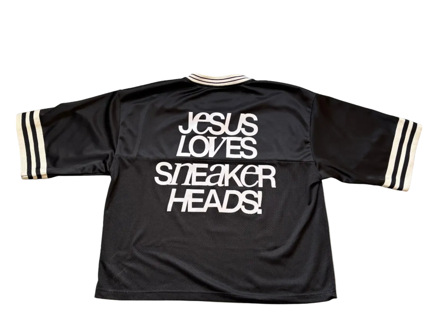 Black jacket with 'Jesus Loves Sneaker Heads!' text on full back