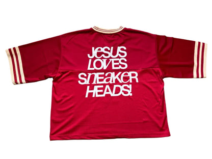 Red jersey with 'Jesus Loves Sneaker Heads!' text on full back